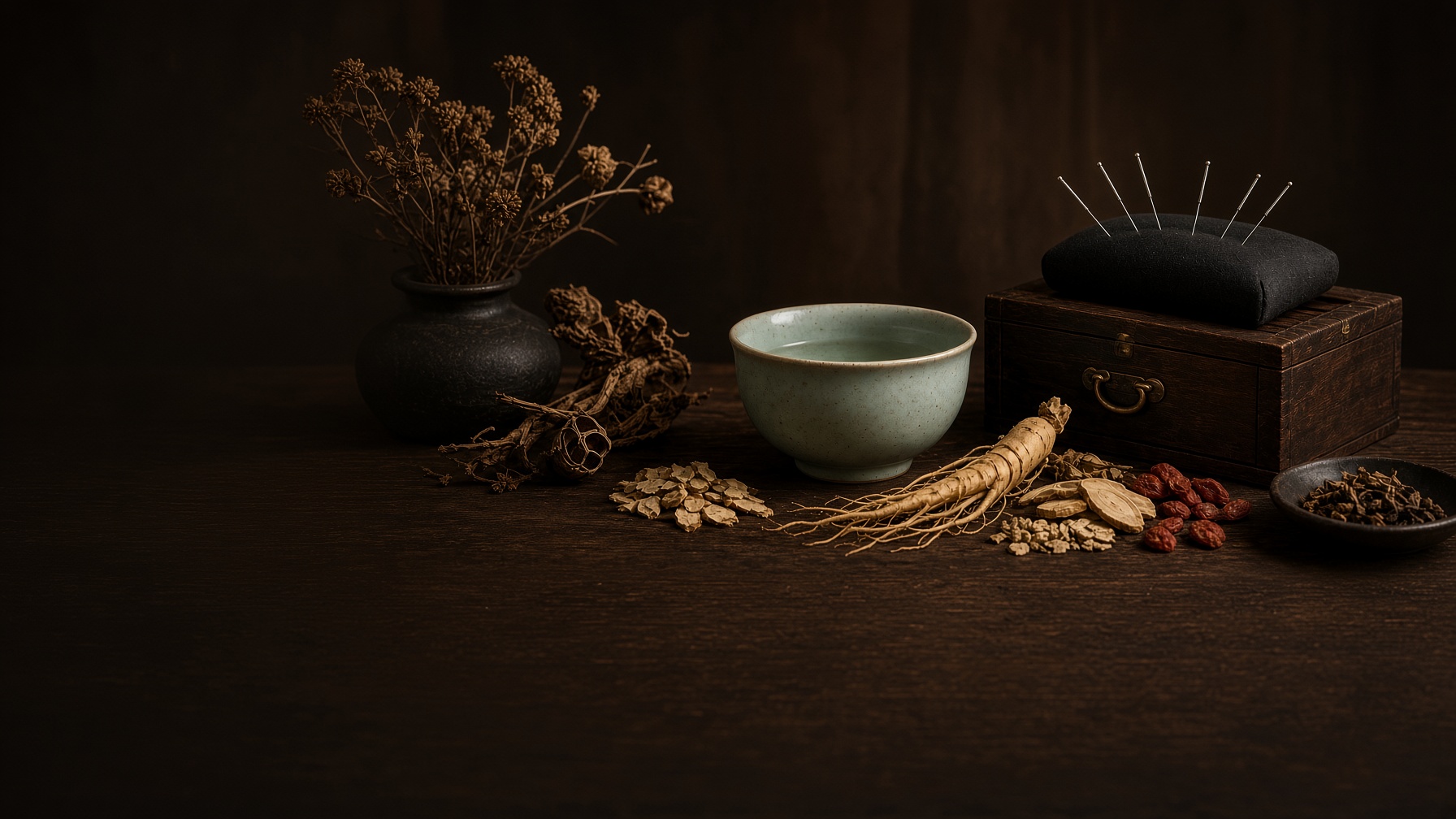青瓷茶碗、人参与针灸针